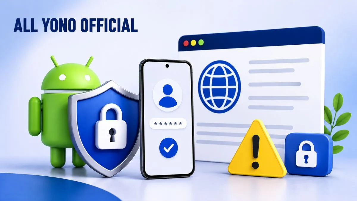 All Yono Official login access image showing app-only login notes, privacy reminders, OTP safety, and account protection checks